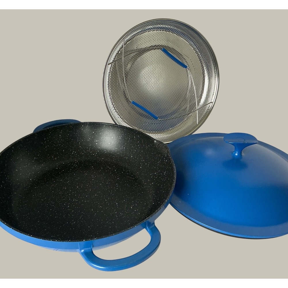 Blue Nonstick Deep Sauté Pan with Steamer Basket and Lid 10 Inch Cookware Set